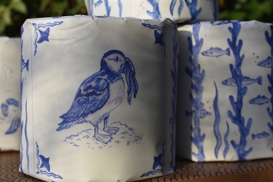 Bumboo English Delft loo rolls featuring puffin and fish